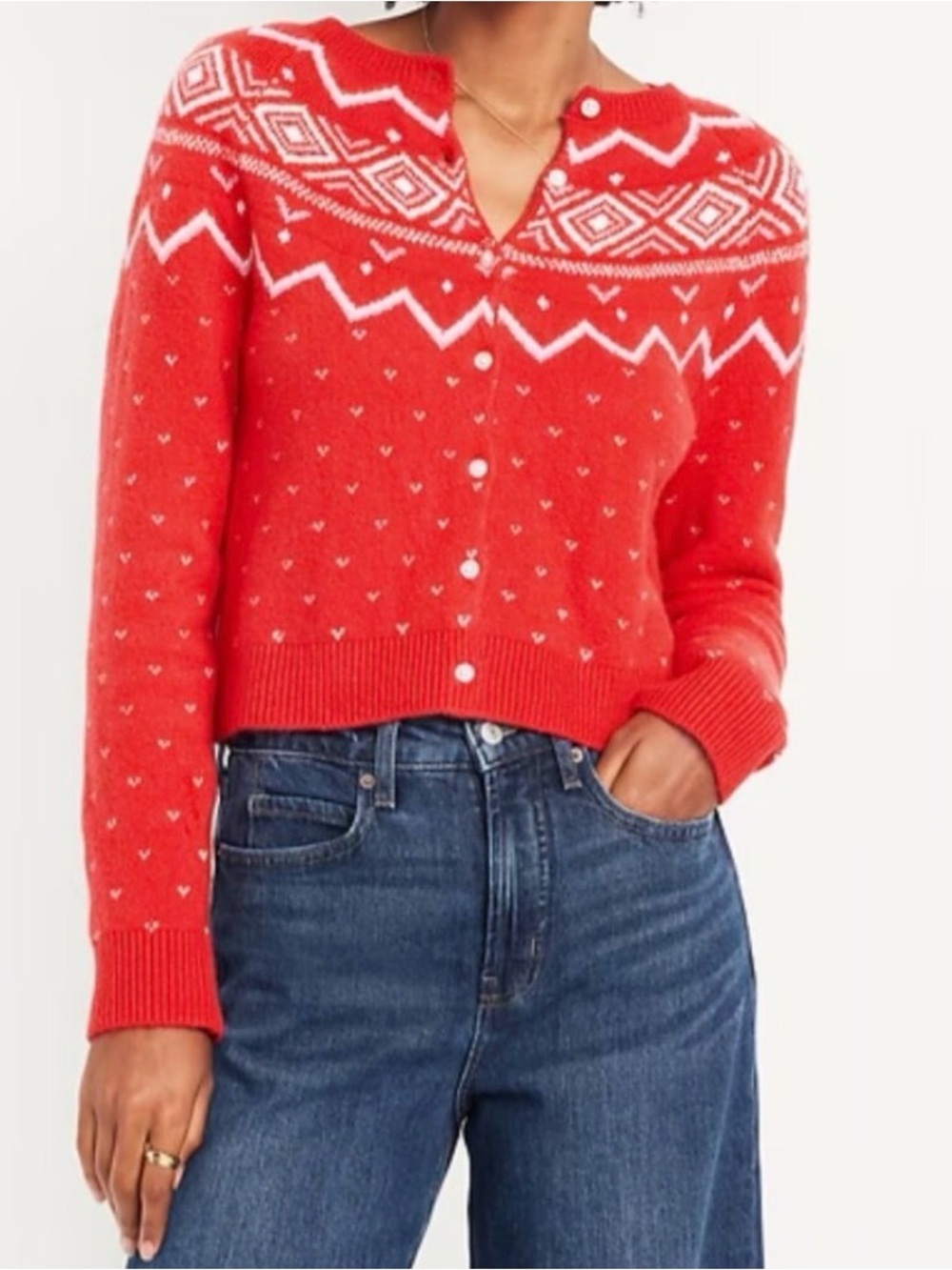Old Navy Red and White Fair Isle Button-Up Women's Cardigan